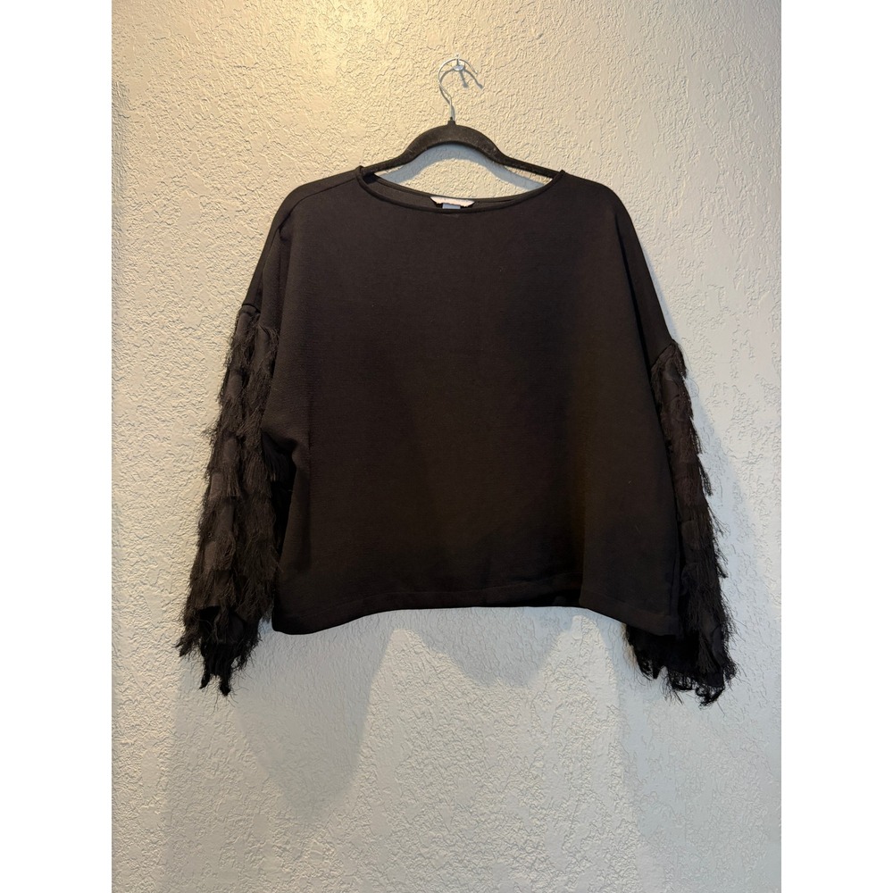 HM Black Fringe Sleeve Boat Neck Top‎ Size 8 Long Sleeve Crepe Blouse